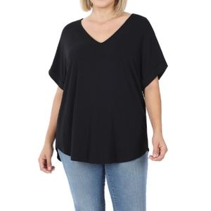 Zenana Black Womens V-Neck T-Shirt Plus Size with Drop Shoulder